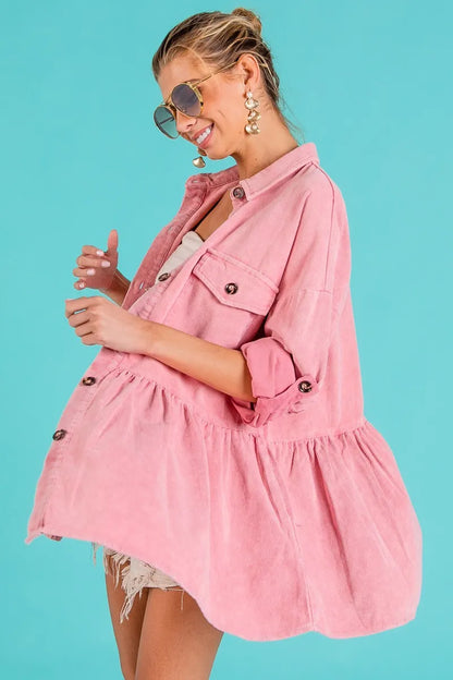 BiBi Corduroy Ruffle Peplum Button Up Shirt