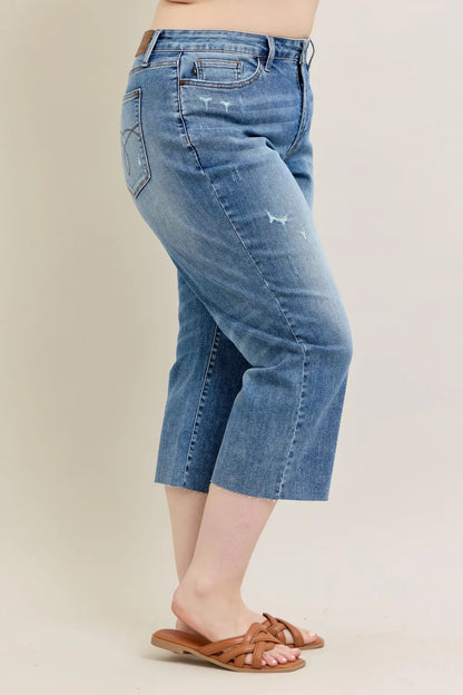 Judy Blue Plus Size High Waist Back Destroy & Raw Cut Hem Crop Wide