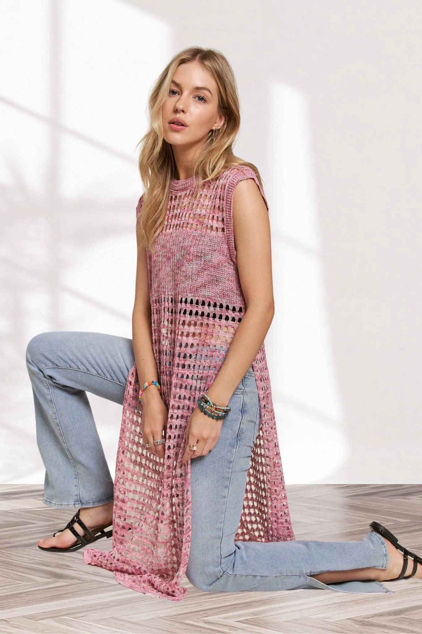 ADORA Multi Color Crochet Tunic Top PINK