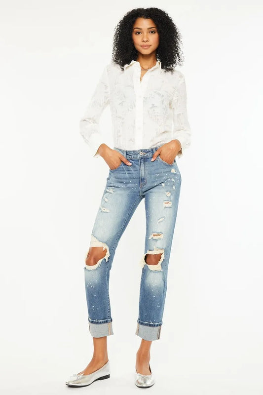 Kancan High Rise Distressed Boyfriend Fit Jeans MEDIUM