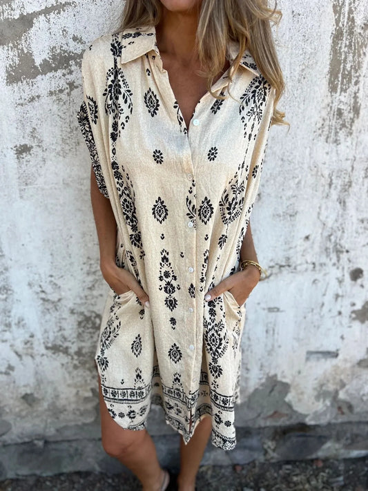 Full Size Printed Short Sleeve Button-Up Shirt Dress Plus Size Apricot