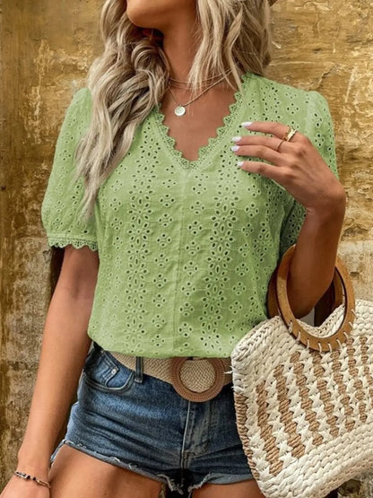 Full Size Lace Detail Eyelet V-Neck Short Sleeve Blouse Plus Size Lime