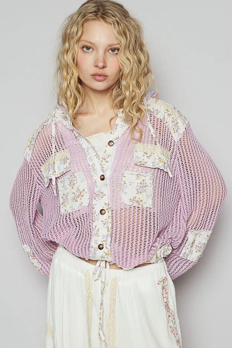 POL Vintage Washed Crochet Hoodie Jacket With Patchwork LAVENDER MULTI