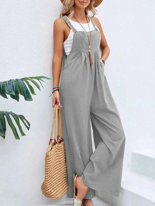Full Size Square Neck Wide Strap Overalls Gray