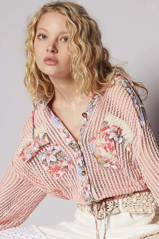 POL Vintage Washed Crochet Hoodie Jacket With Patchwork