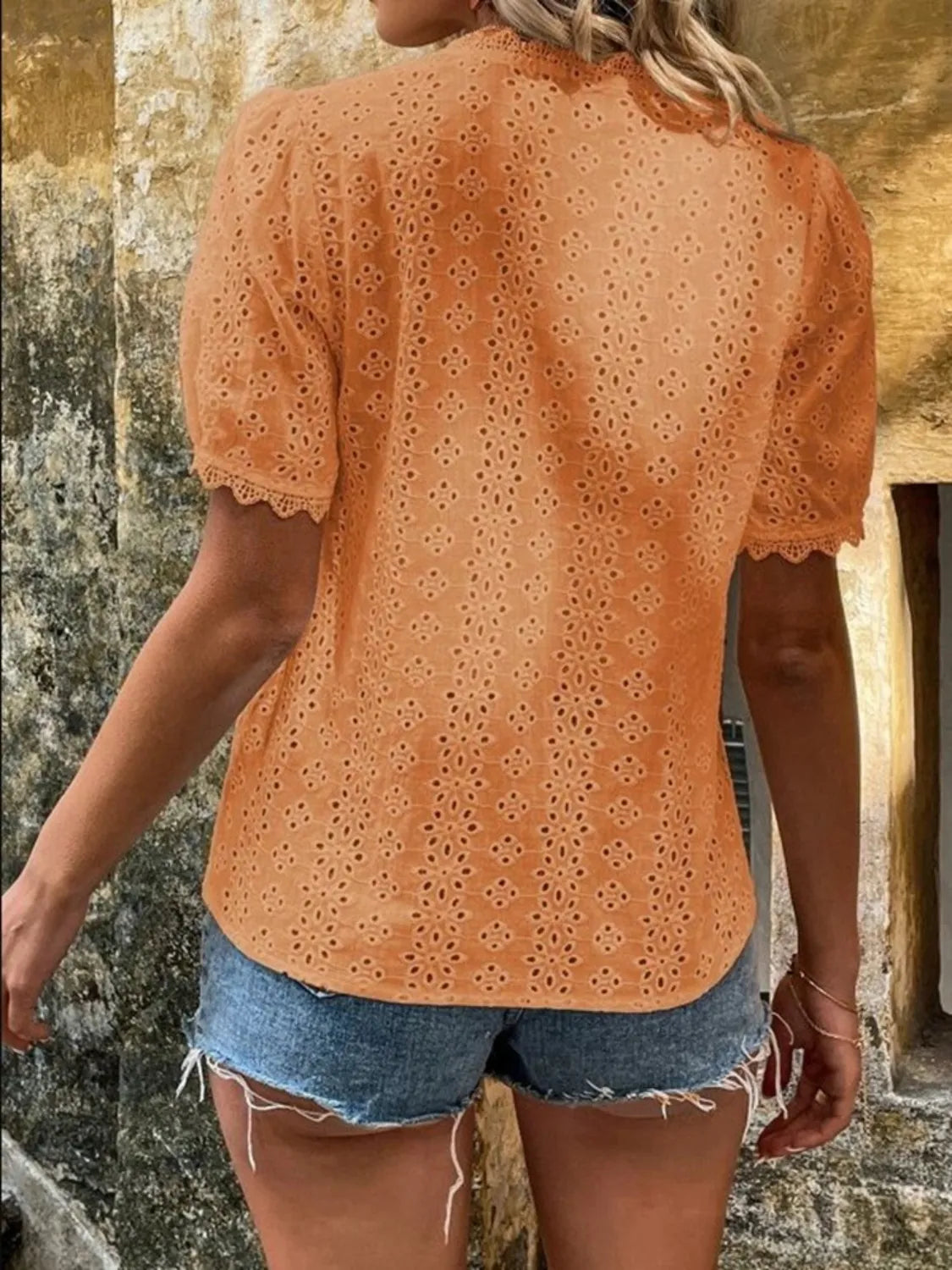 Full Size Lace Detail Eyelet V-Neck Short Sleeve Blouse Plus Size