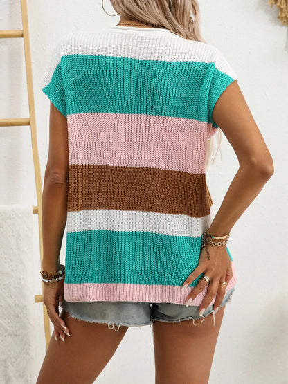 Color Block Notched Short Sleeve Knit Top