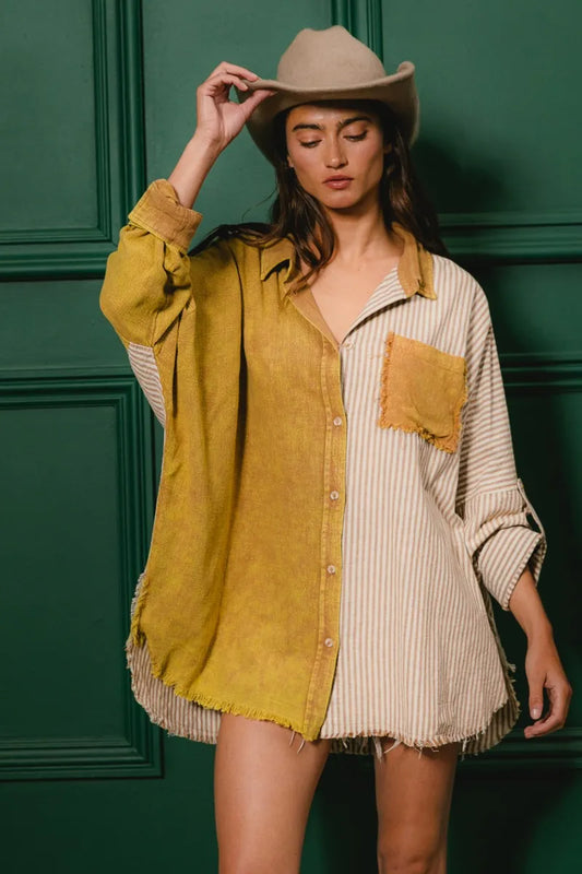 BiBi Washed Raw Hem Shirt TAUPE