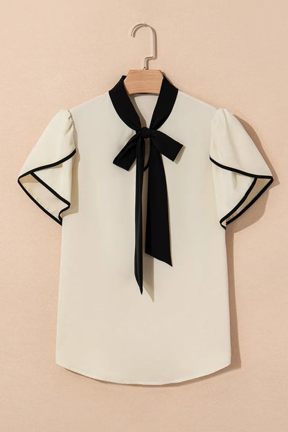 Bow Tie Contrast Short Sleeve Blouse