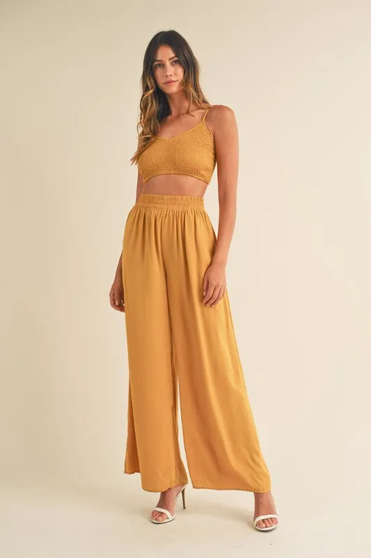 MABLE Smocked Bralette Crop Top and Wide Leg Pants Set Gold Mustard
