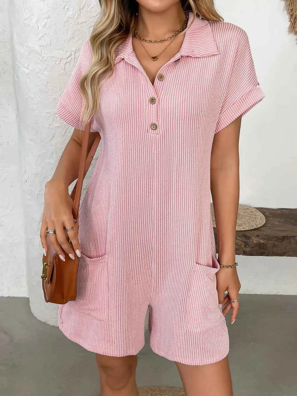 Button Detail Collared Neck Short Sleeve Romper