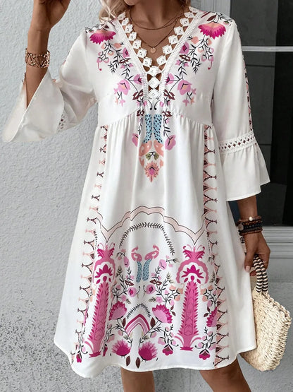 Lace Detail Printed Three-Quarter Sleeve Dress Deep Rose