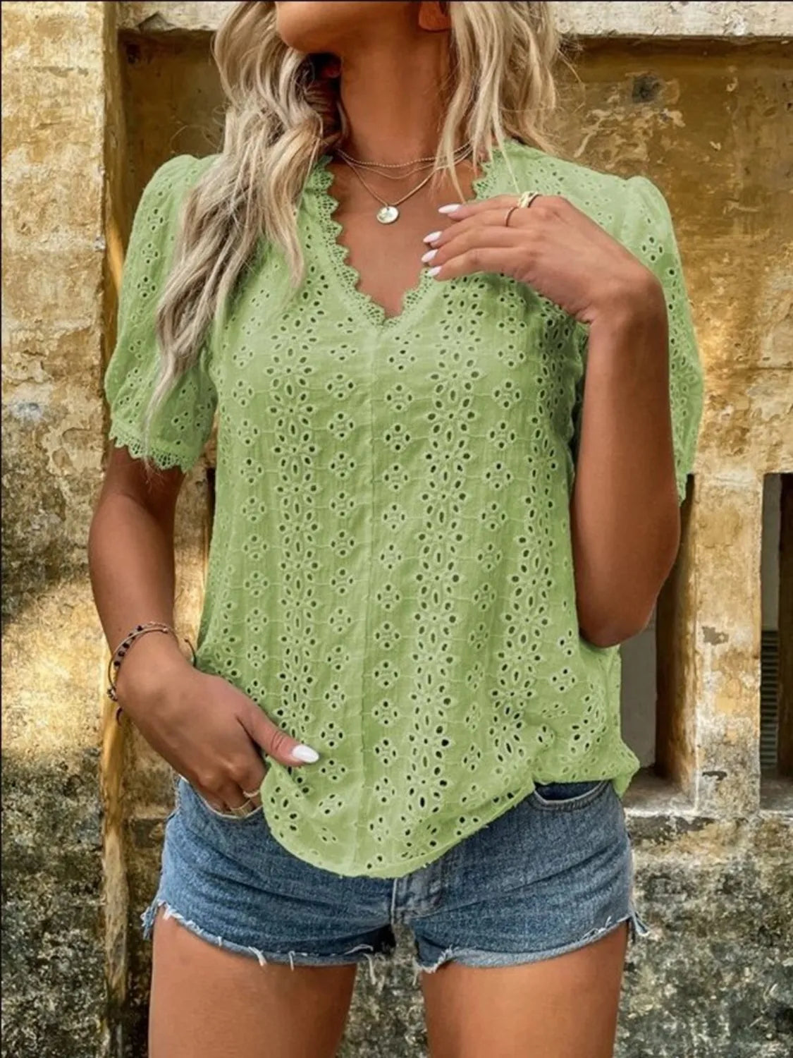 Full Size Lace Detail Eyelet V-Neck Short Sleeve Blouse Plus Size