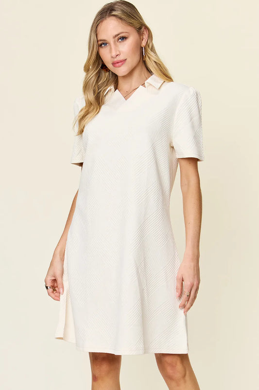 Double Take Full Size Texture Collared Neck Short Sleeve Dress White