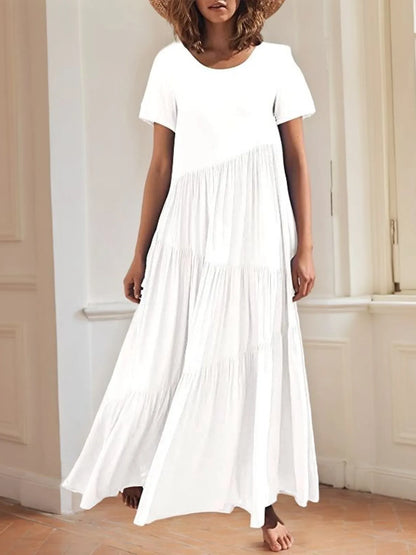 Round Neck Tiered Ruffle Maxi Dress White