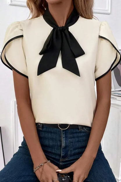 Bow Tie Contrast Short Sleeve Blouse