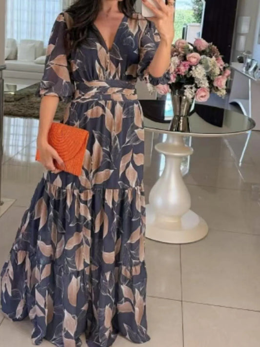 Full Size Printed V-Neck Maxi Dress with Tiered Hemline Plus Size Navy Blue