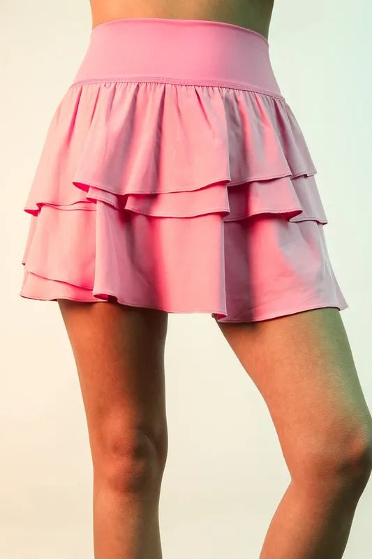 VERY J Riffled Tiered Layers Activewear Skirt with Shorts Pink