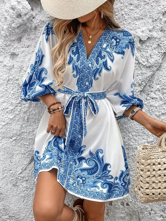 Printed V-Neck Balloon Sleeve Mini Dress White