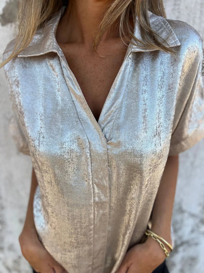 Full Size Collared Neck Short Sleeve Shirt Plus Size