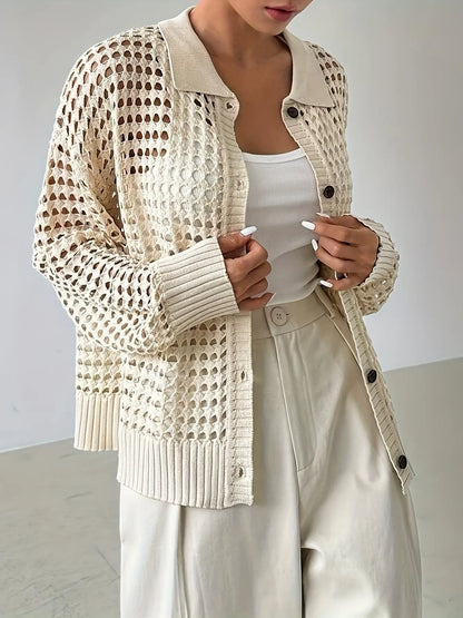 Hollow Out Knit Button Front Cardigan Cream