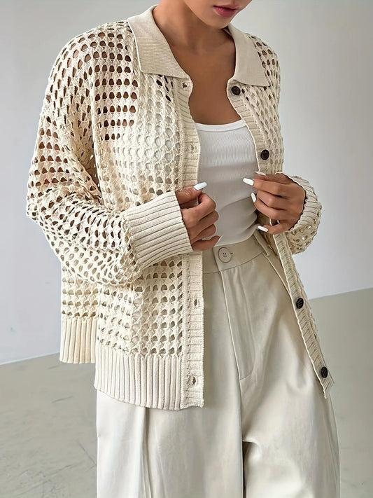 Hollow Out Knit Button Front Cardigan Cream