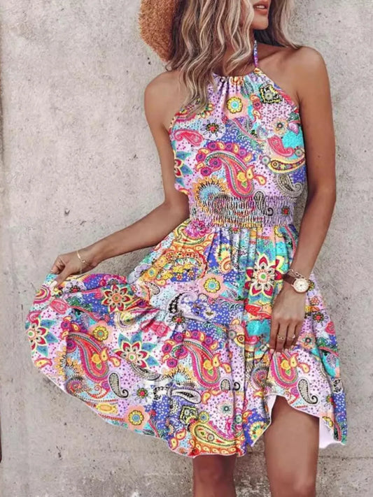 Smocked Printed Halter Neck Mini Dress Pink Purple