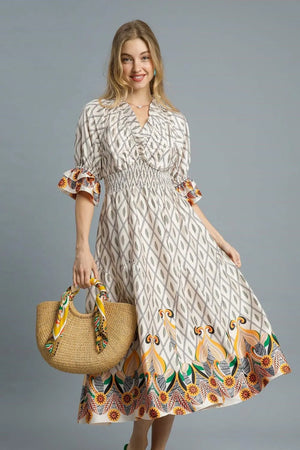 Umgee Printed Smocked Waist Flounce Sleeve Midi Dress Ivory