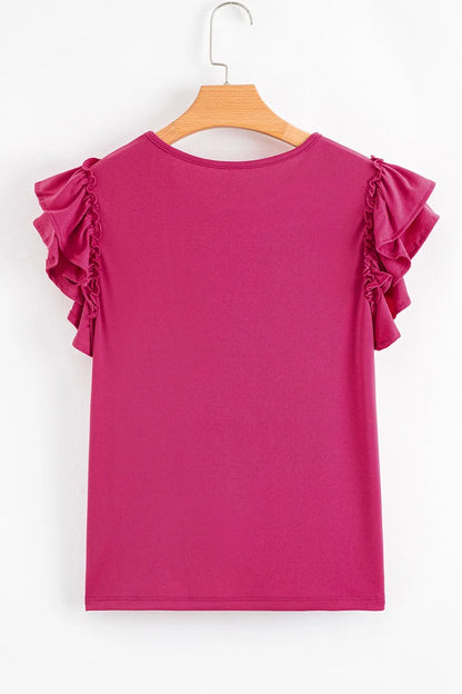 Short Ruffle Sleeve Round Neck Blouse