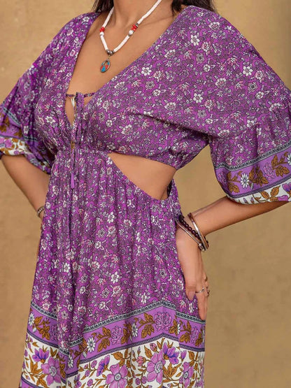 Tied Front Cutout Printed Romper