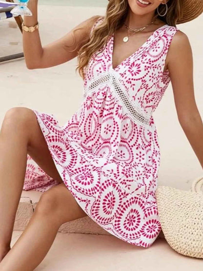 Printed V-Neck Sleeveless Mini Dress