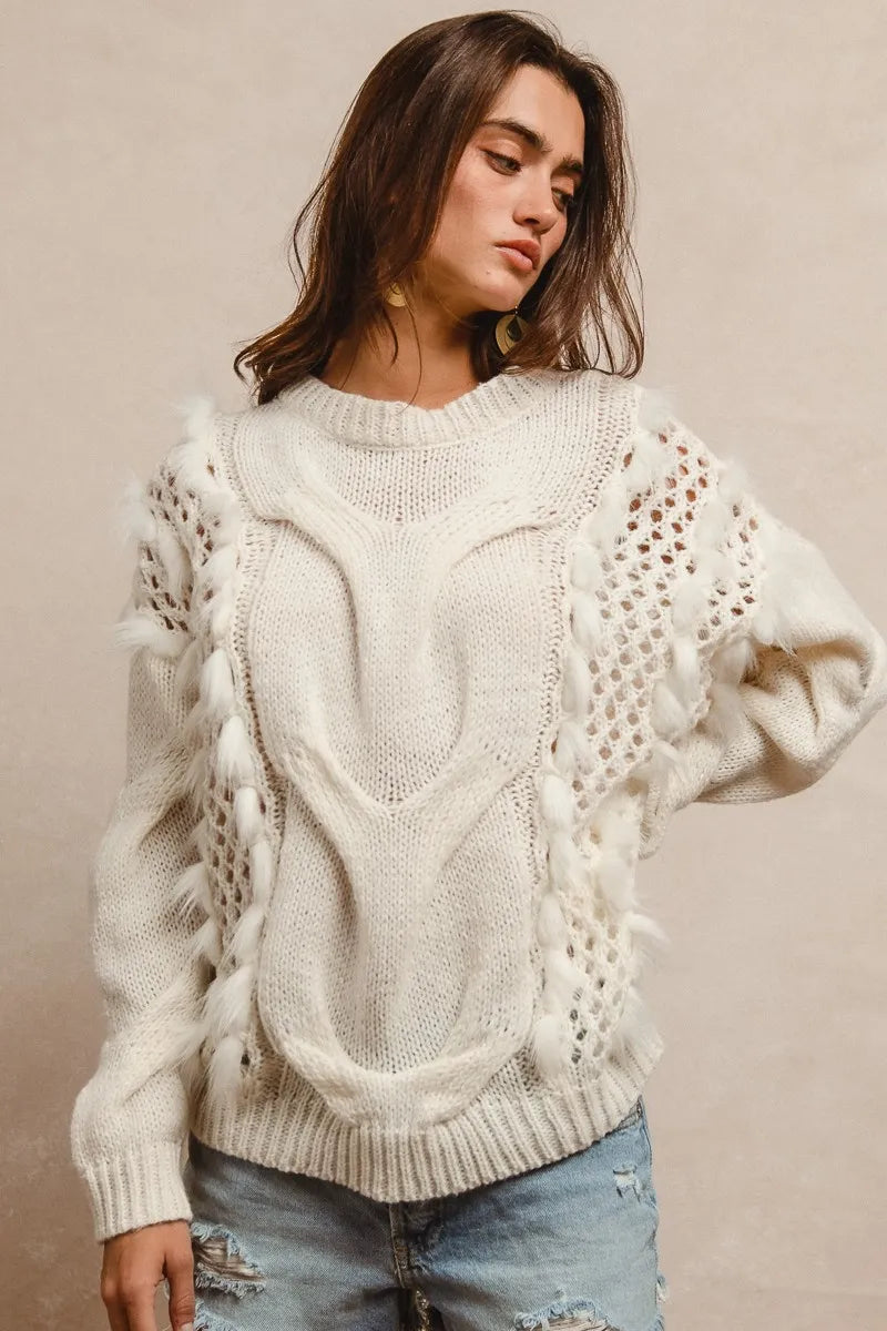 BiBi Faux Fur Detailed Pointelle Cable Knit Sweater IVORY
