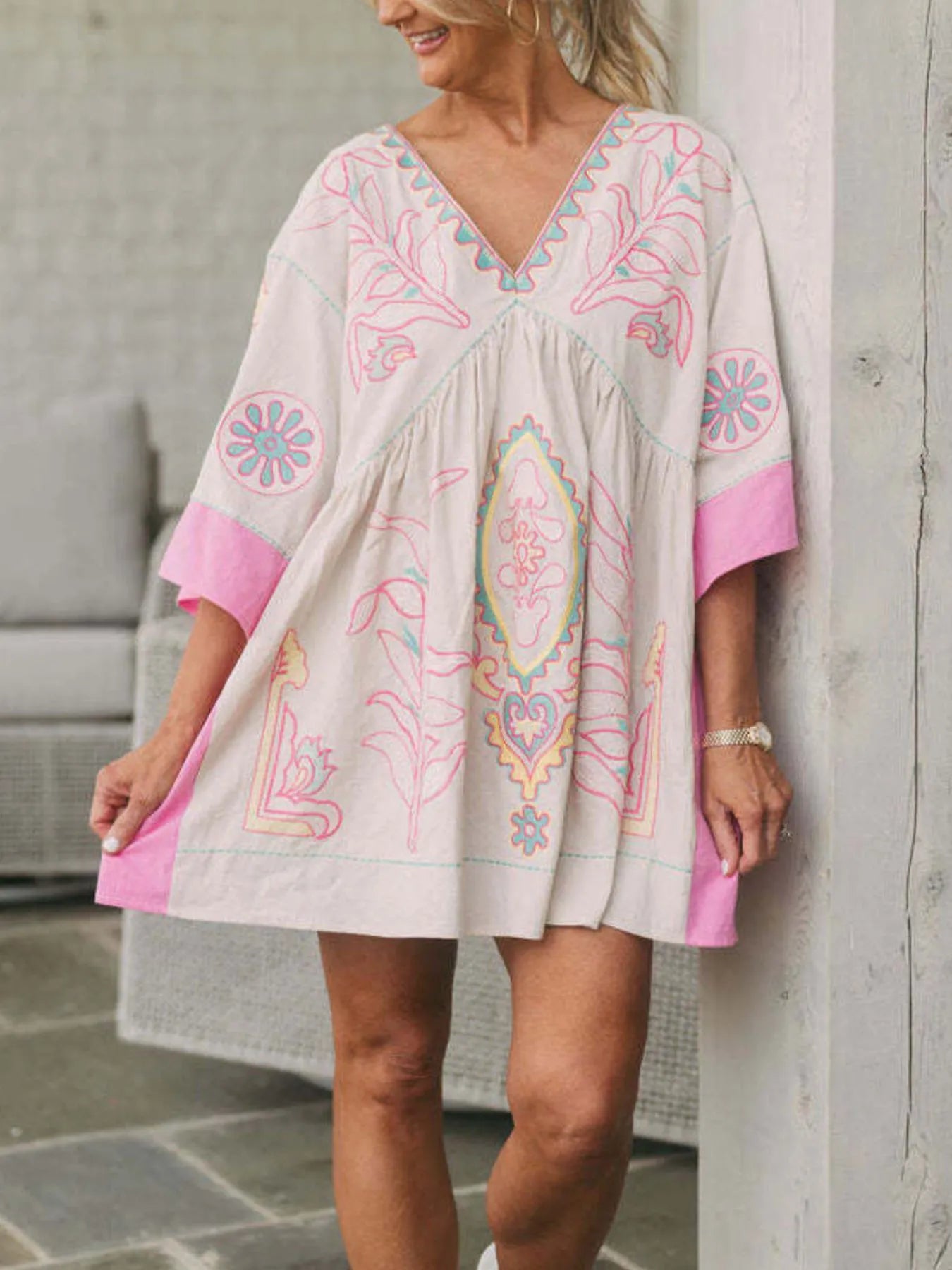 Printed V-Neck Kimono Sleeve Mini Dress