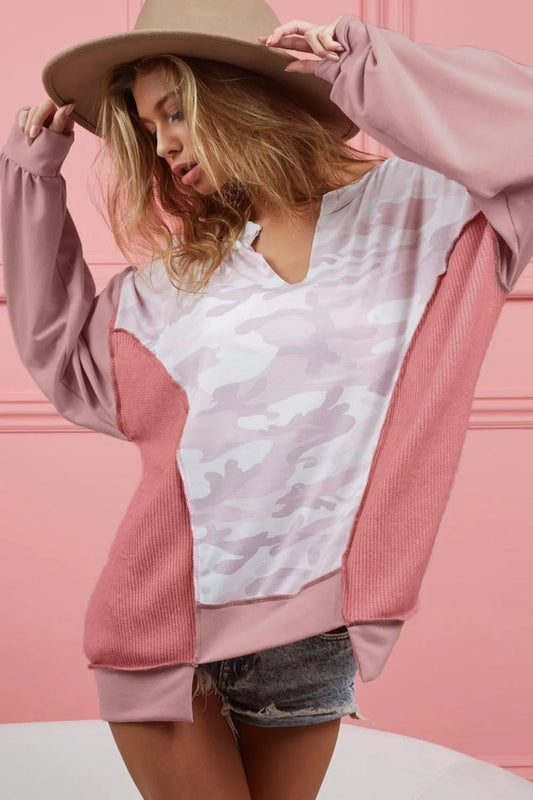 BiBi Camo Printed French Terry Knit Color Block Top MAUVE