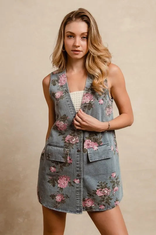 BiBi Floral Print Washed Denim Long Rider Vest Medium