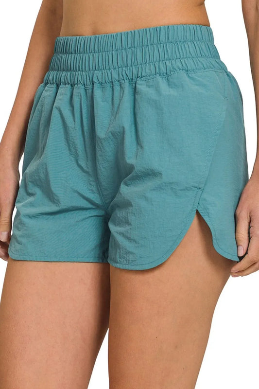 Zenana Windbreaker Smocked Waistband Running Shorts DUSTY TEAL