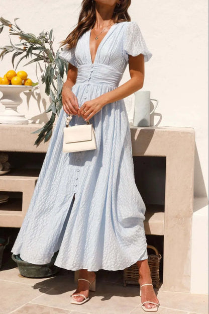 V-Neck Puff Short Sleeve Midi Dress Light Blue