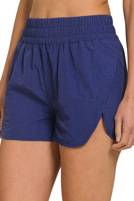 Zenana Windbreaker Smocked Waistband Running Shorts LT NAVY