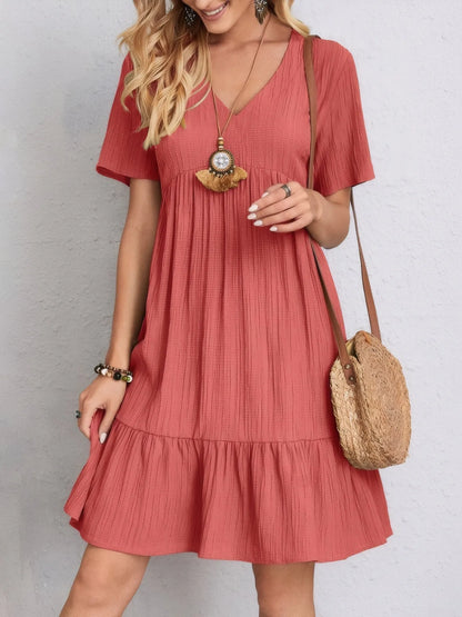 V-Neck Tiered Dress with Flutter Sleeves Burnt Coral