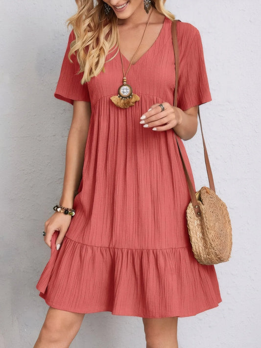 V-Neck Tiered Dress with Flutter Sleeves Burnt Coral