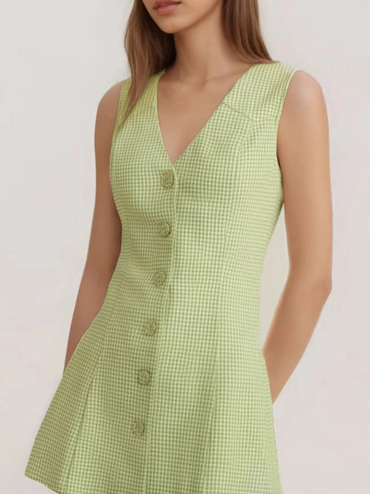 Gingham Button-Front A-Line Mini Dress Matcha Color