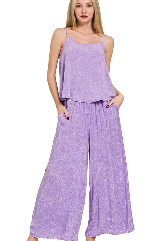 Zenana Woven Acid Crinkle Washed Cami & Pants 2 Piece Set LAVENDER