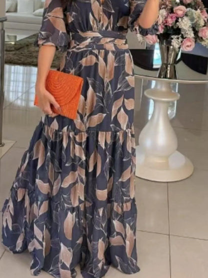 Full Size Printed V-Neck Maxi Dress with Tiered Hemline Plus Size
