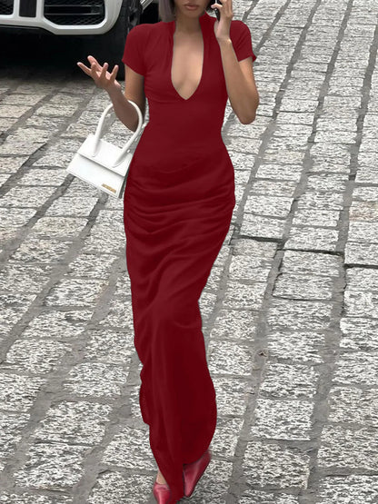 Side Slit Short Sleeve Maxi Dress Burgundy