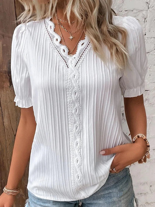 Full Size Lace Detail V-Neck Blouse Plus Size White