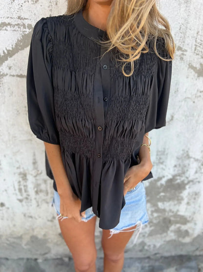 Full Size Smocked Button Front Puff Sleeve Shirt Plus Size