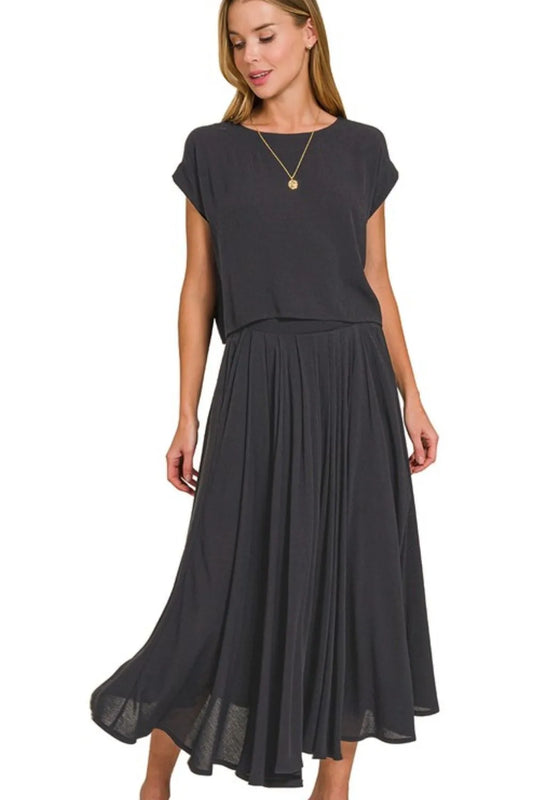 Zenana Woven Crinkle Gauze Crop Tee and Skirt Set BLACK