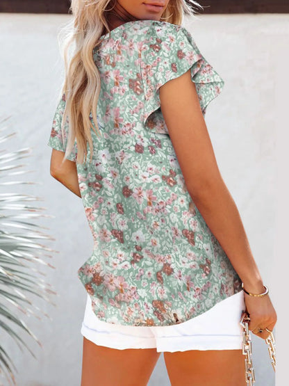 Full Size Flutter Sleeve Floral V-Neck Blouse Plus Size