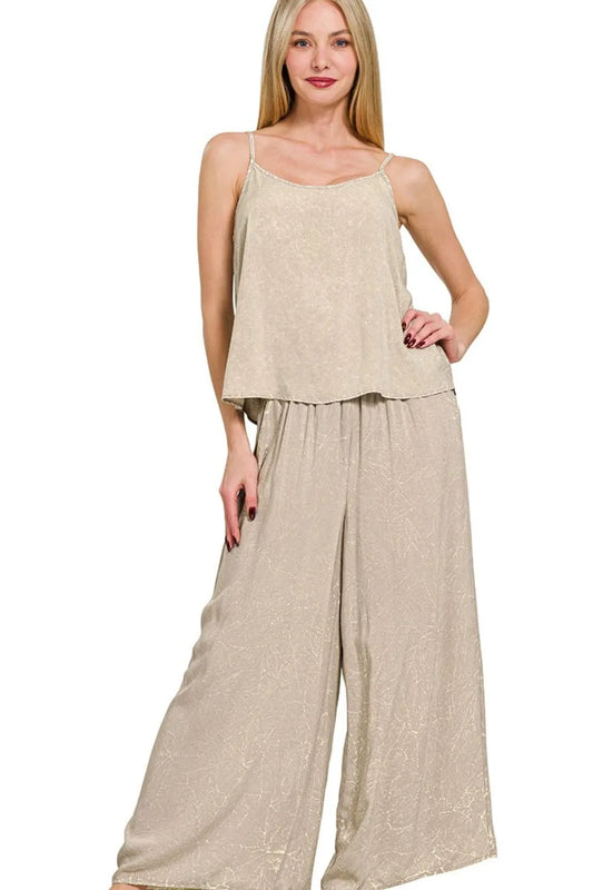 Zenana Woven Acid Crinkle Washed Cami & Pants 2 Piece Set ASH MOCHA