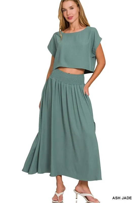 Zenana Heavy Woven Span Crop Tee & Skirt Set ASH JADE